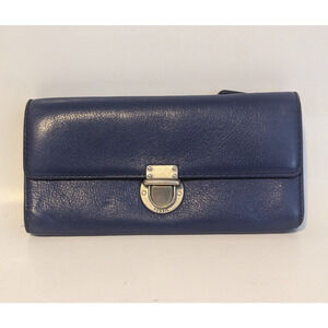 Fossil Riley Wallet Sapphire Cobalt Blue Leather Large Flap Silver Snap Buckle